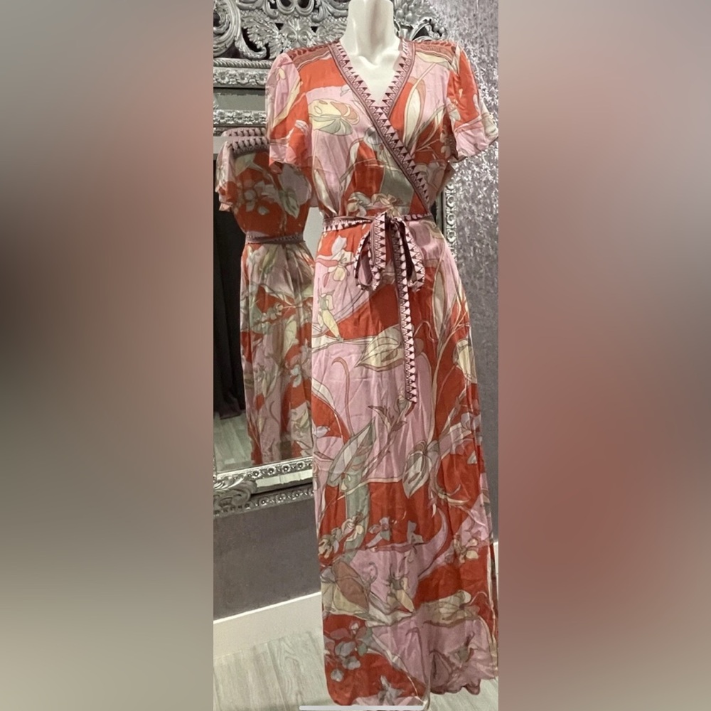 Hale Bob Pink & Coral Floral Wrap Maxi Dress